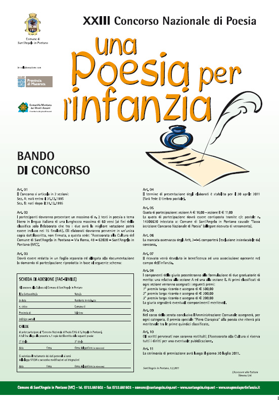 PIRAINO INFORMA – “Una poesia per l’infanzia”. Dal comune di S.Angelo in Pontano un concorso per tutta l’Italia