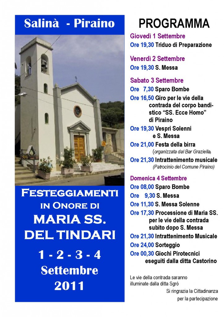 SALINA’ DI PIRAINO – Dall’1 al 4 settembre la “festa”