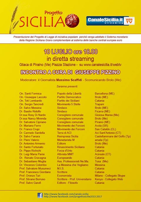 Progetto Sicilia – Oggi, in diretta streaming, la costituzione dell’associazione , ma si parlerà anche di….