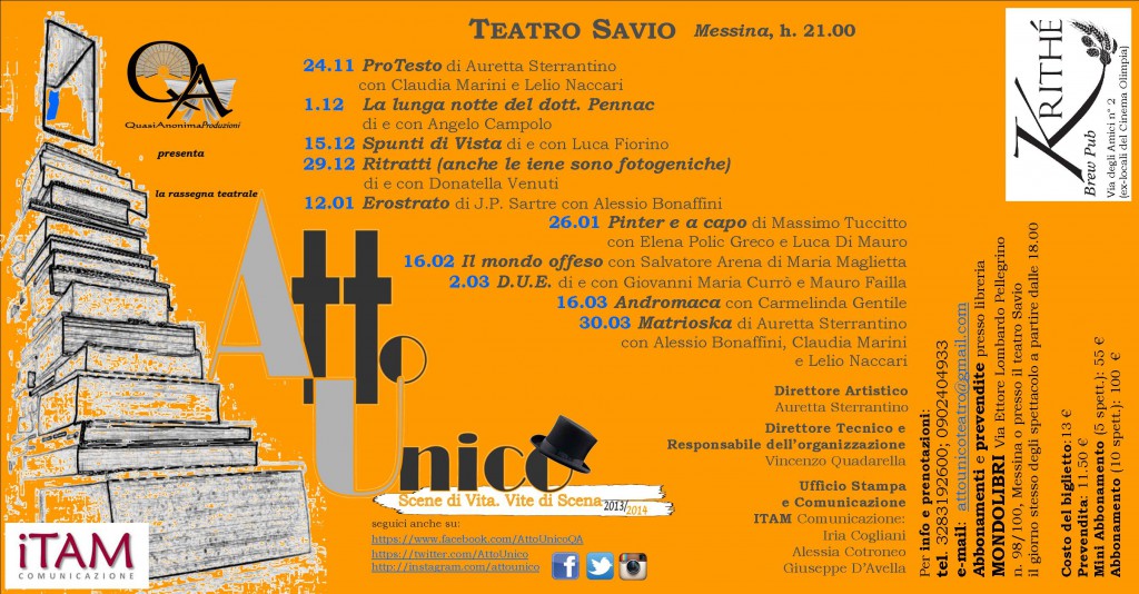 MESSINA – Nasce QuasiAnonimaProduzioni, debutto con “Atto Unico”: dieci spettacoli per cinque mesi al Teatro Savio
