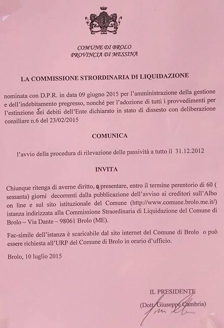 DISSESTO A BROLO – Da oggi, e per 60 giorni, la possibilità di iscriversi all’albo dei creditori del Comune