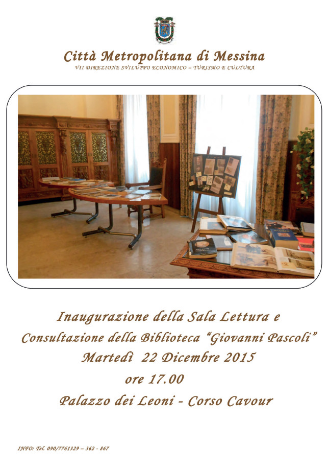 PALAZZO DEI LEONI – Domani inaugurazione della Sala Lettura e Consultazione della Biblioteca “Giovanni Pascoli”