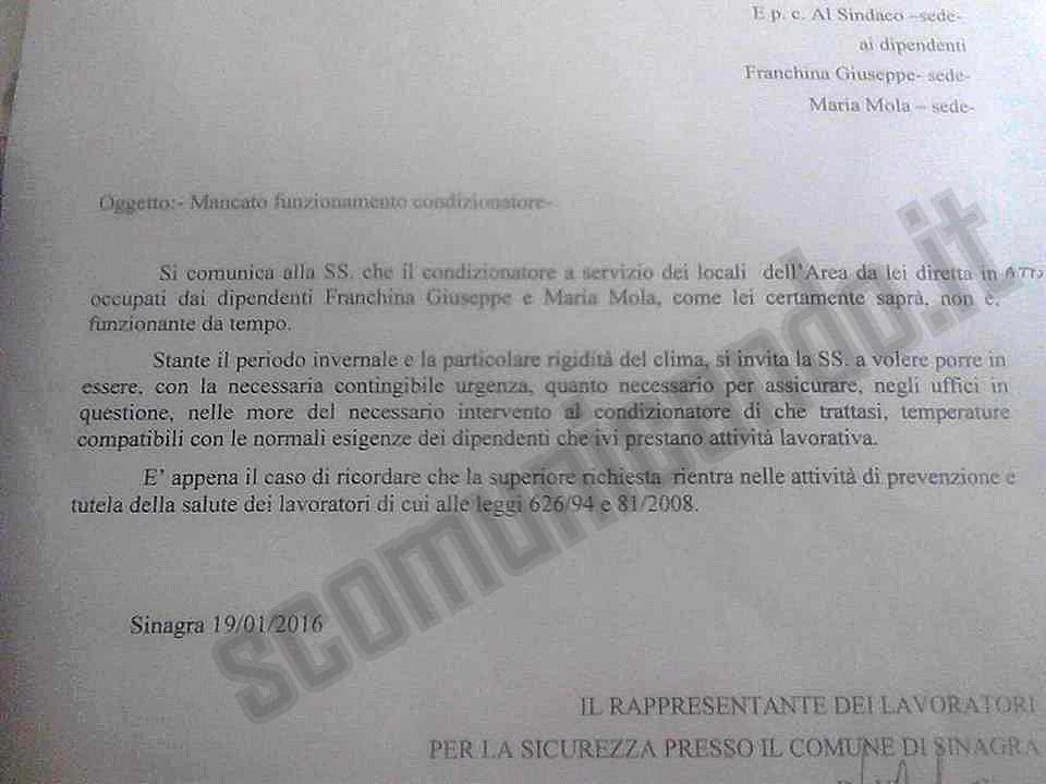 Comune di Sinagra – Dipendenti al freddo. Il responsabile della sicurezza chiede lumi all’Ufficio Tecnico