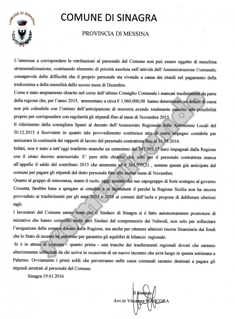 Sinagra – Sulla mancata retribuzione degli stipendi ai dipendenti “meschina strumentalizzazione”