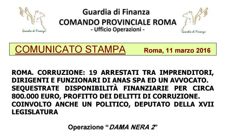 DAMA NERA  & APPALTI – Secondo giro di vite, per 19, tra imprenditori, funzionari dell’Anas e politici. C’è anche un avvocato