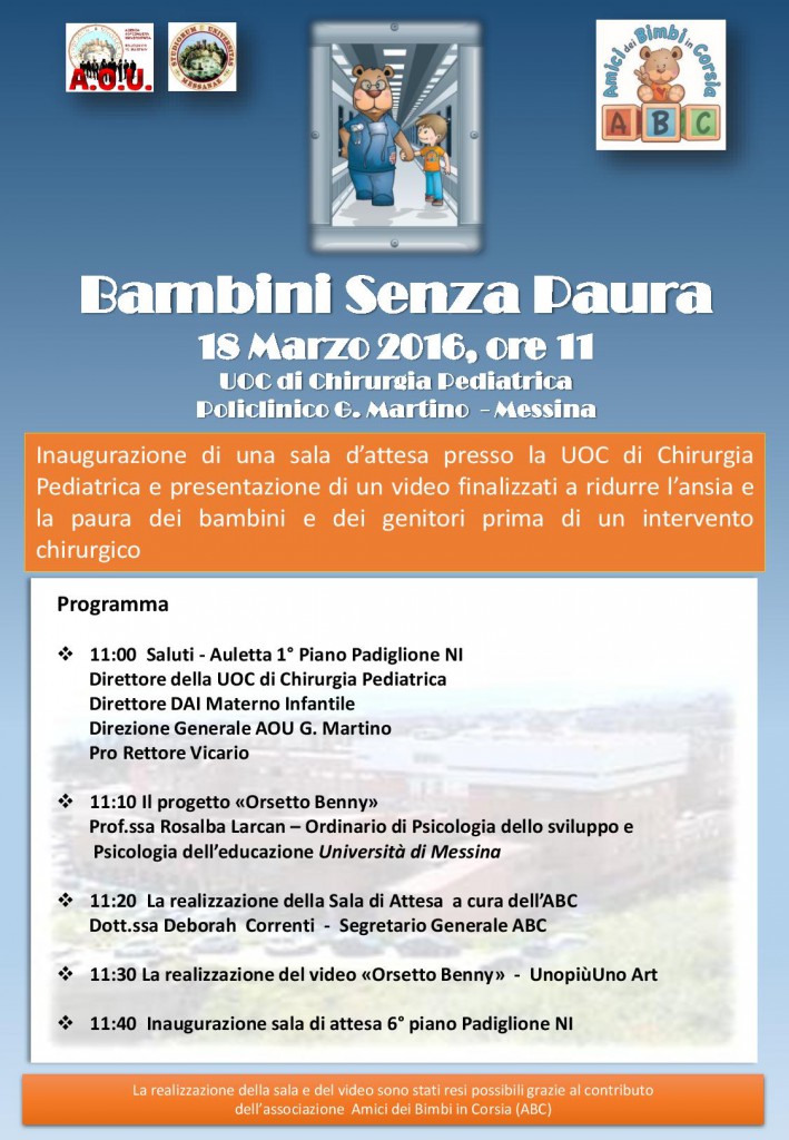 MESSINA – Progetto “Bambini Senza paura” al Policlinico