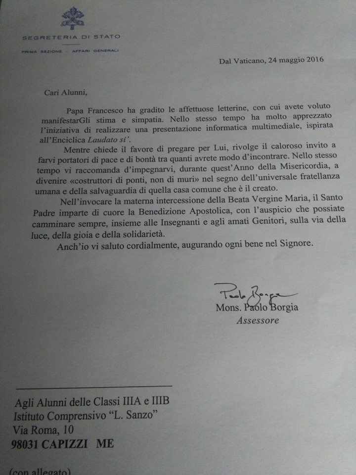 PAPA FRANCESCO – La risposta agli studenti del “comprensivo” Capizzi