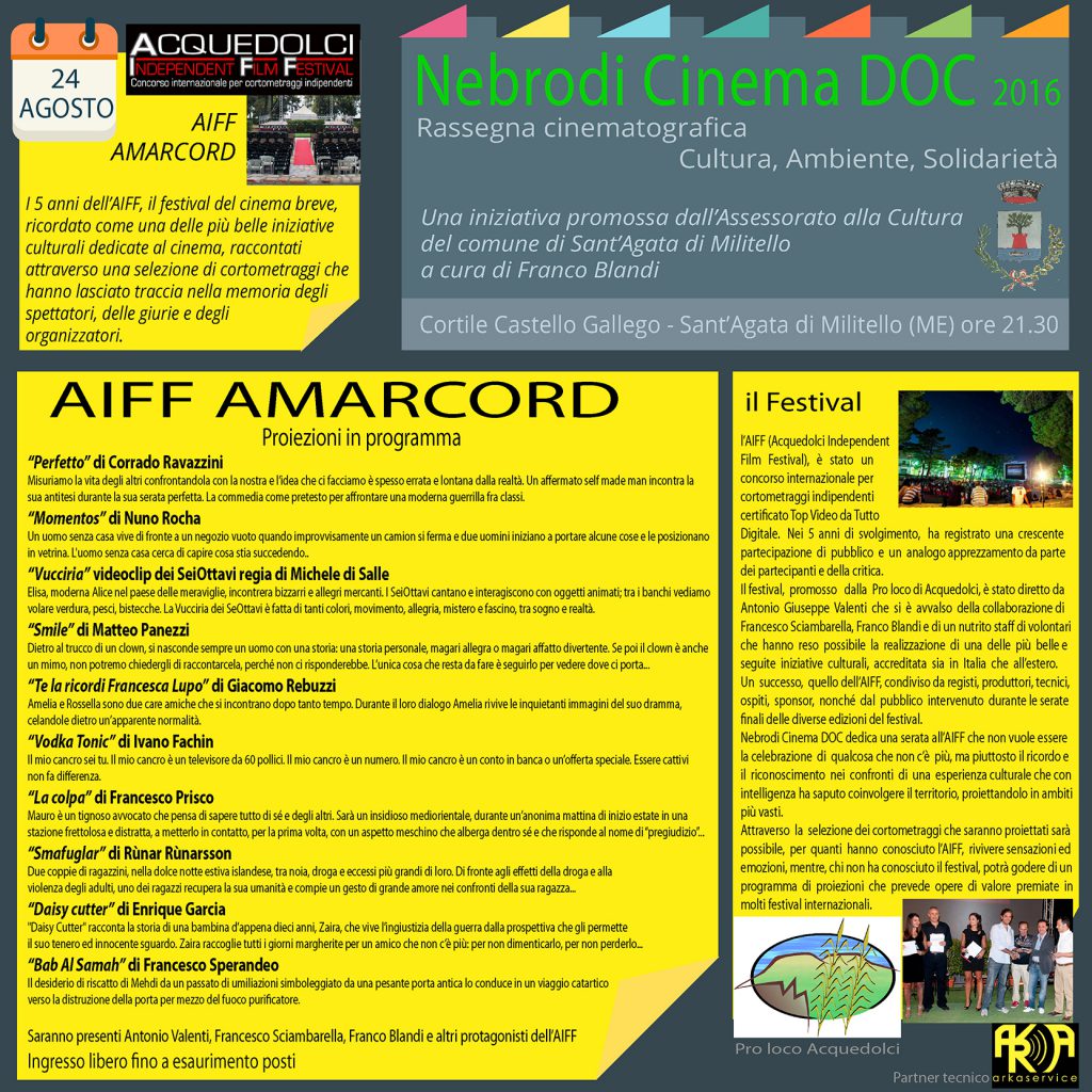 SANT’AGATA MILITELLO – “AIFF AMARCORD” il 24 agosto alla Rassegna Cinematografica Nebrodi Cinema Doc