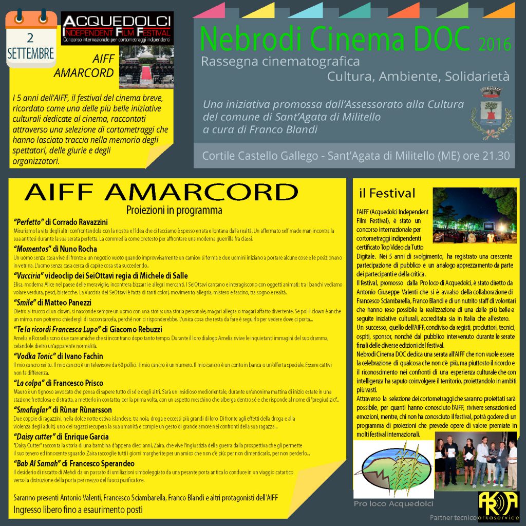 S. AGATA MILITELLO – “AIFF AMARCORD” il 2 settembre alla Rassegna Cinematografica Nebrodi Cinema Doc