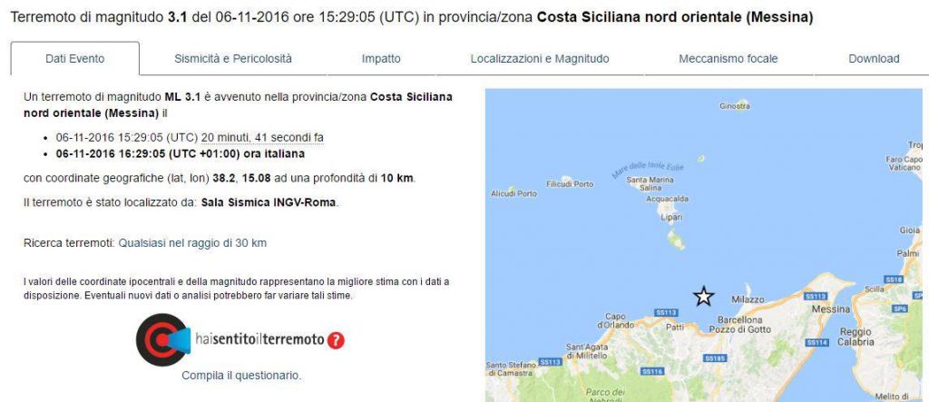TERREMOTO – Alle 16.29, trema la terra, nell’area di Patti – M.3.1