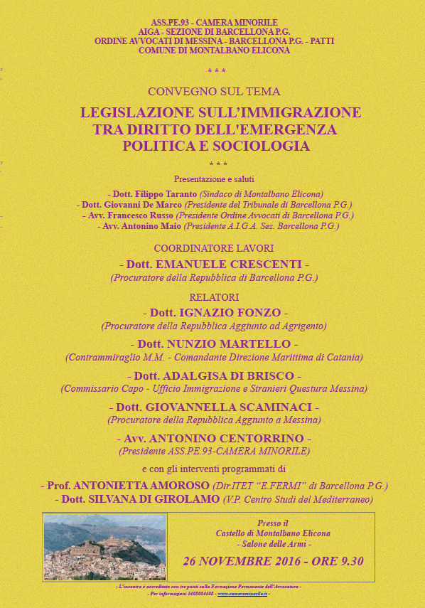 MONTALBANO ELICONA – Convegno “Legislazione sull’immigrazione tra diritto dell’emergenza politica e sociologica”