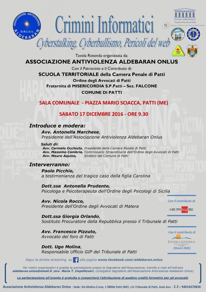 CONVEGNI – “Crimini Informatici, Cyberstalking, Cyberbullismo e Pericoli del Web”