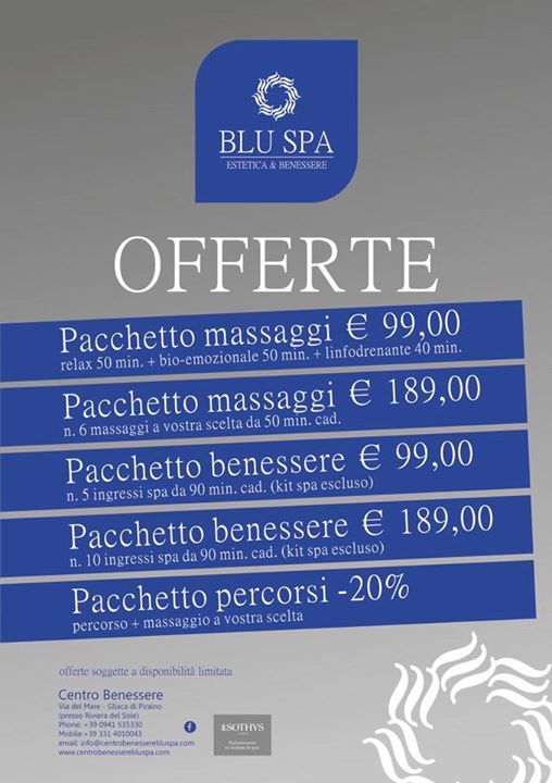 BENESSERE – Regalati un mondo di relax al Centro Benessere Blu Spa, alla Riviera del Sole