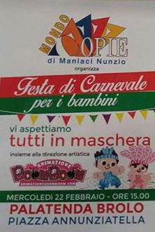 FESTE IN MASCHERA – Al palatenda di Brolo, per i bambini, domani 22 febbraio