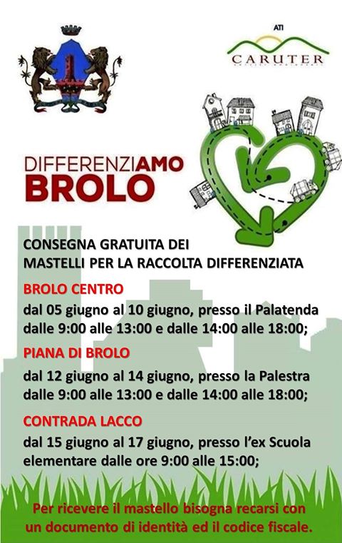 DIFFERENZIATA A BROLO – Da domani la distribuzione dei mastelli