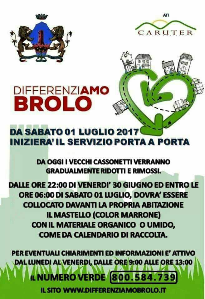DIFFERENZIATA A BROLO – Da sabato si inizia. Da oggi inizia l’operazione rimozione dei vecchi cassonetti
