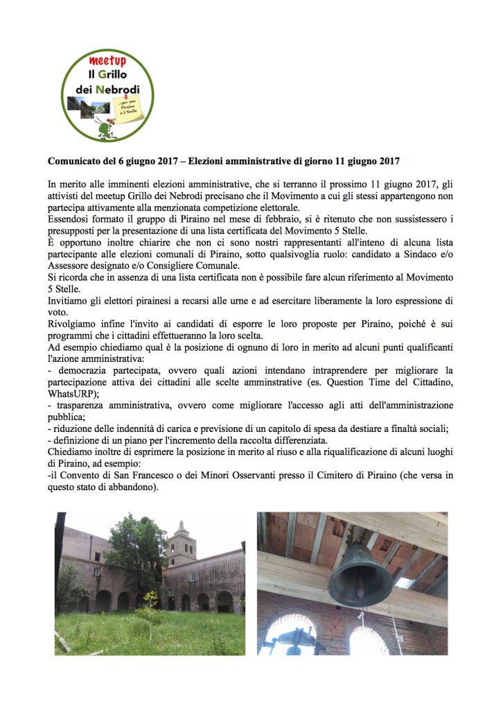 ELEZIONI A CINQUE STELLE – Il Meetup Grillo dei Nebrodi puntualizza in merito alle elezioni di Piraino