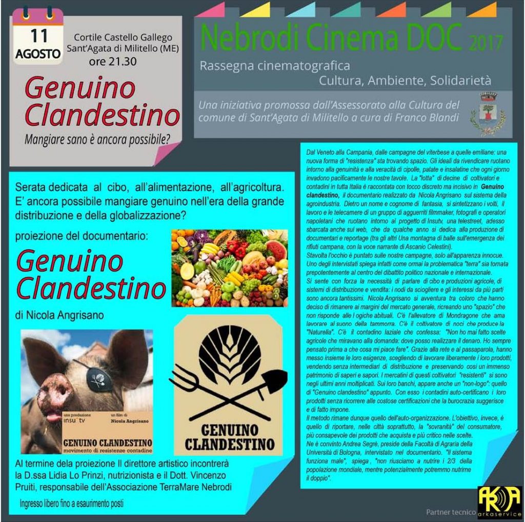 SANT’AGATA MILITELLO – Nebrodi Cinema Doc 2017: “Genuino Clandestino” di Nicola Angrisano