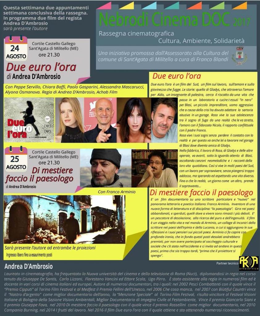 SANT’AGATA MILITELLO – Doppio appuntamento per la settimana conclusiva della Rassegna Nebrodi Cinema Doc 2017