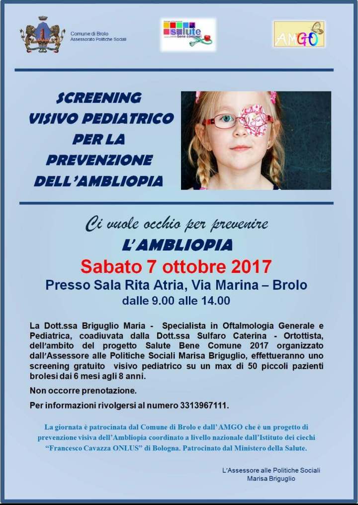 AMBLIOPIA – Sabato 7 ottobre, a Brolo, giornata di screening per i disturbi visivi riservato ai bambini
