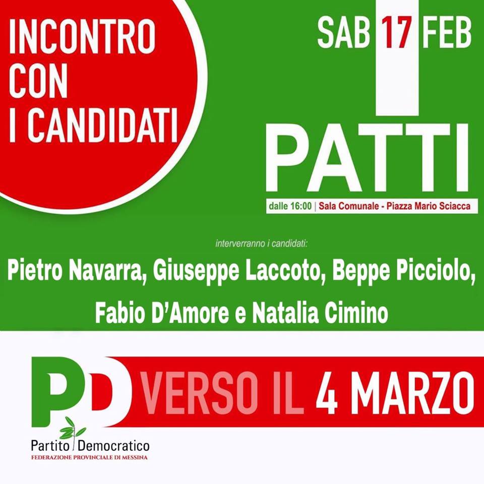 PD & POLITICHE 2018 – Sabato a Patti incontro con i Candidati. Sarà presente anche Natalia Cimino