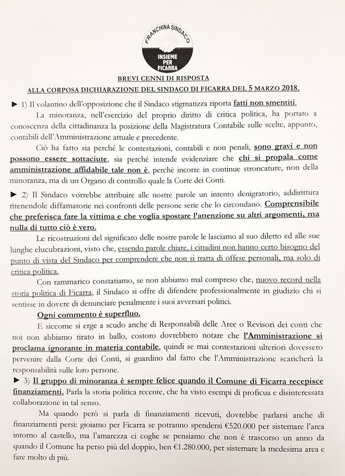 CONTROREPLICHE FICARRESI – “Se non ha voglia di fare il sindaco si dimetta!”