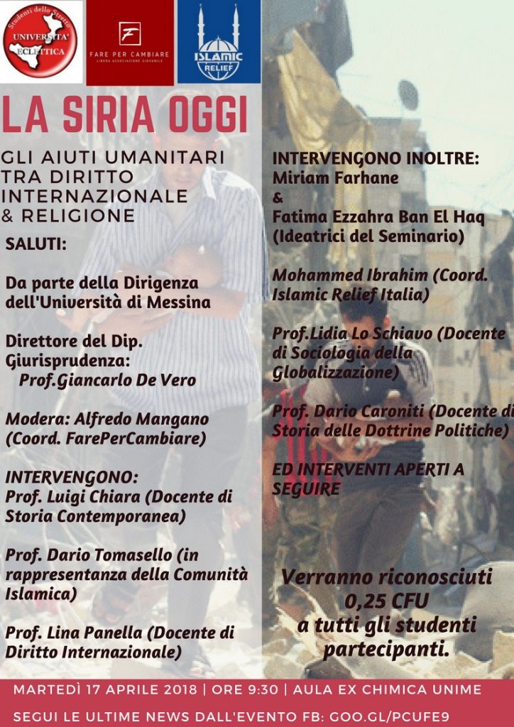 FARE PER CAMBIARE – UniMe ‘La Siria Oggi. Gli Aiuti Umanitari tra Diritto Internazionale e Religione’