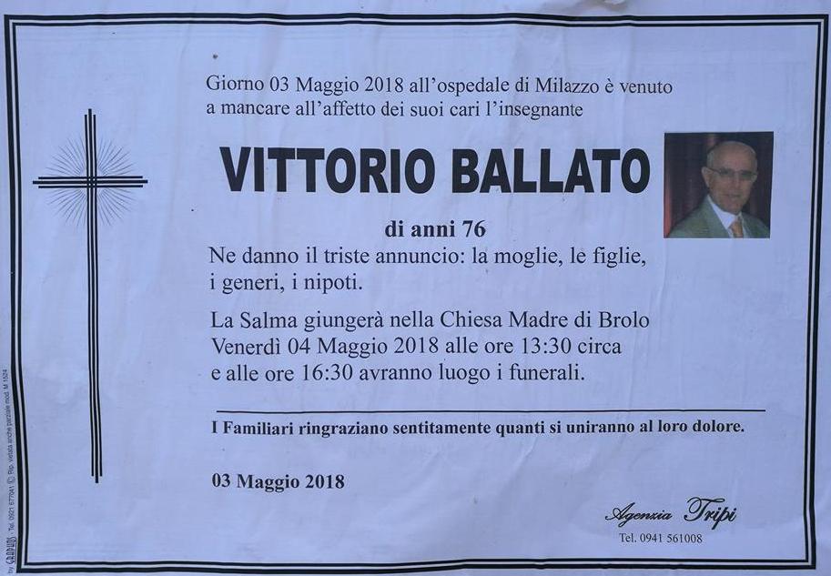 VITTORIO BALLATO – I suoi funerali oggi alle 16,30 nella Chiesa Madre di Brolo