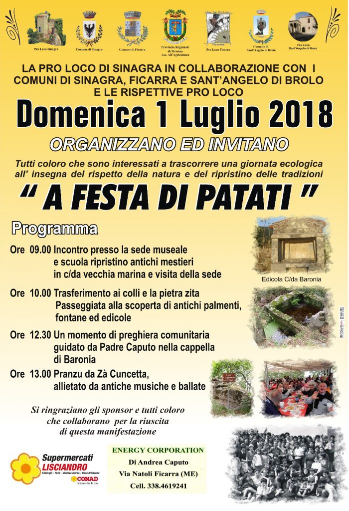 SINAGRA – Rinviata a domenica 1 luglio la nona edizione de “A festa di patati”