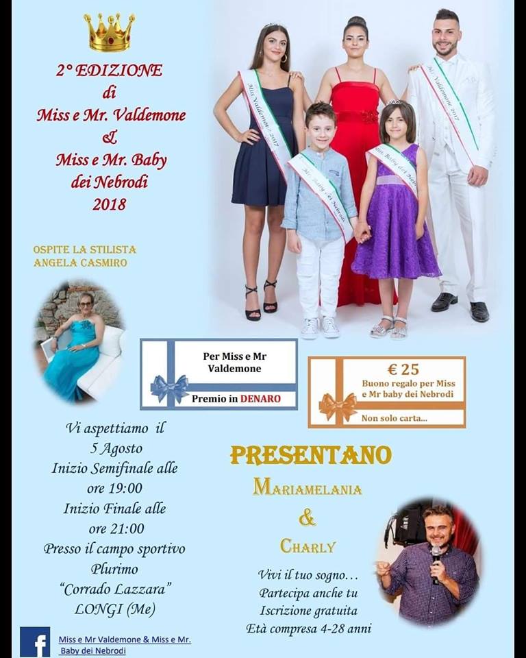 APPUNTAMENTI – Il 5 agosto con Miss e Mr Valdemone & Miss e Mr. Baby dei Nebrodi
