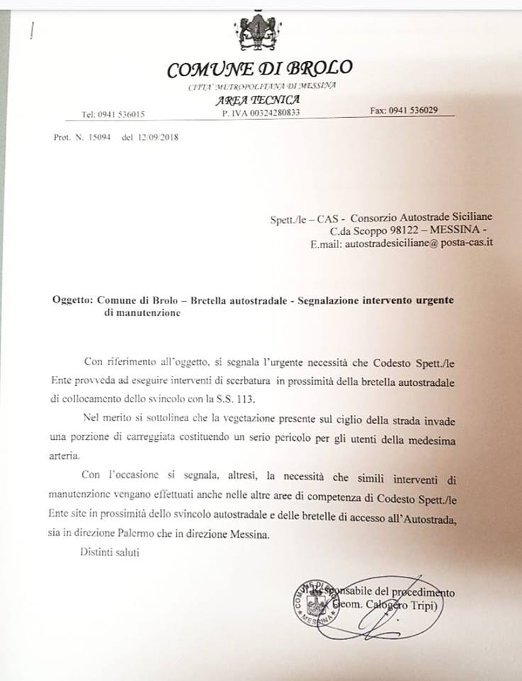 AUTOSTRADA INADEMPIENTE – La terza diffida da parte del Comune di Brolo