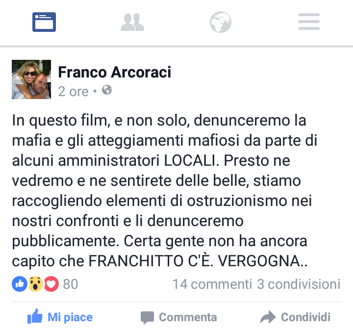 LA DENUNCIA – “Questo film non s’ha da fare”. Primi stop per il film documento “Franchitto – Io non ho paura”