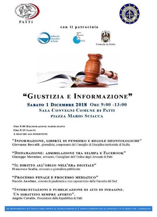 GIUSTIZIA E INFORMAZIONE – L’1 Dicembre a Patti un  evento formativo per Giornalisti e Avvocati