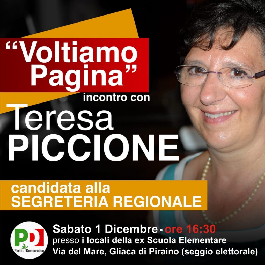 TERESA PICCIONE – Per le “Primarie” del Pd domani incontro a Gliaca di Piraino