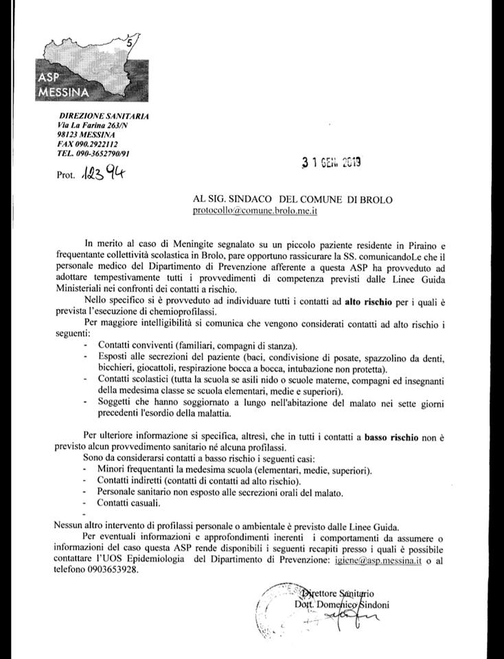 PREVENZIONE – A Brolo, in maniera precauzionale, profilassi antimeningite anche alla scuola materna