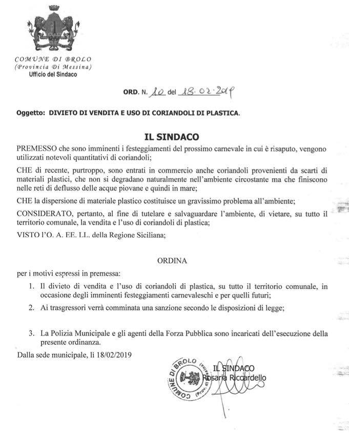CORIANDOLI DI PLASTICA – A Brolo …no grazie!