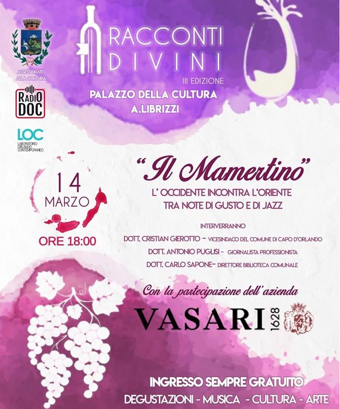 CAPO D’ORLANDO – “Racconti DiVini”: domani protagonista il vino “mamertino”