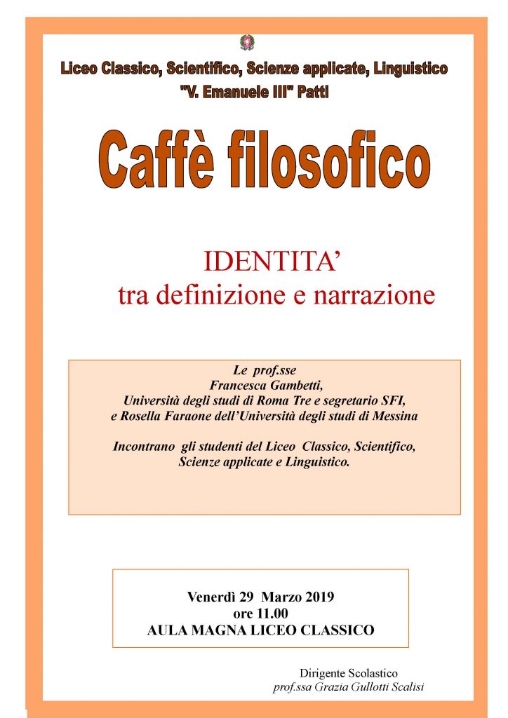 PATTI – Liceo Classico Vittorio Emanuele III ‘Identità: tra definizione e narrazione’ al Caffè Filosofico