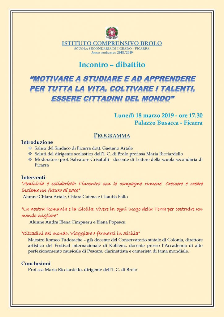 FICARRA – ‘Essere Cittadini del Mondo’ se ne parlerà a palazzo Busacca con gli alunni dell’Istituto Comprensivo di Brolo