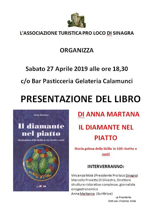“IL DIAMANTE NEL PIATTO – Sarà presentato a Sinagra il libro di Anna Martano