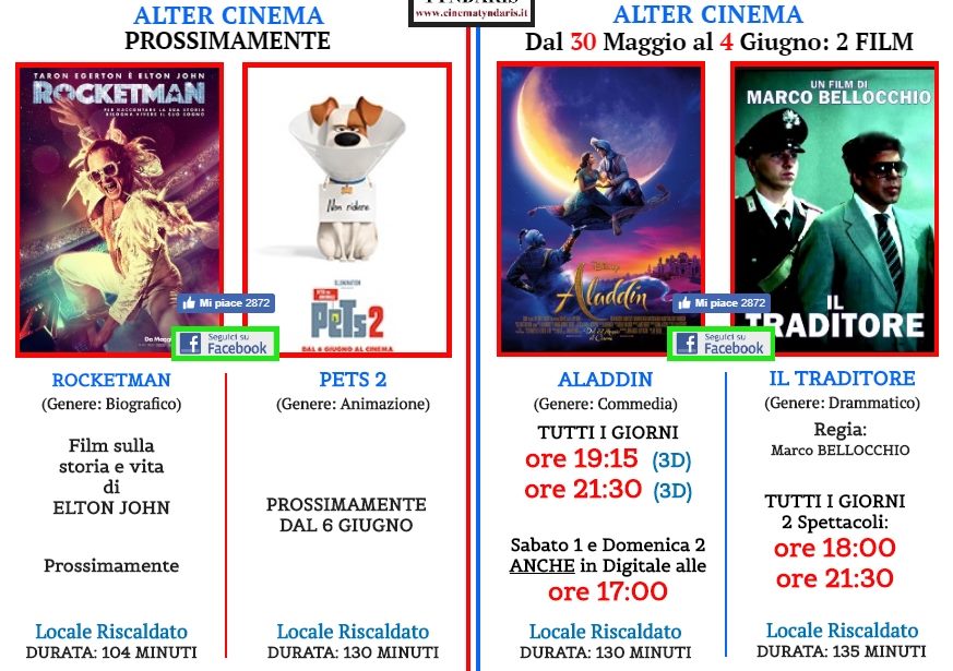IL TRADITORE & ALADDIN – All’AlterCinema di Gliaca continua la programmazione fino al 4 giugno