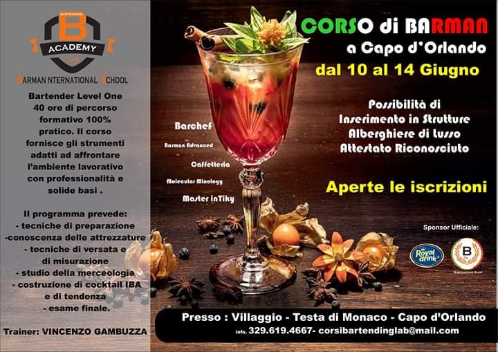 CORSO DI BARMAN – Dal 10 al 14 Giugno al Villaggio Testa di Monaco con Vincenzo Gambuzza