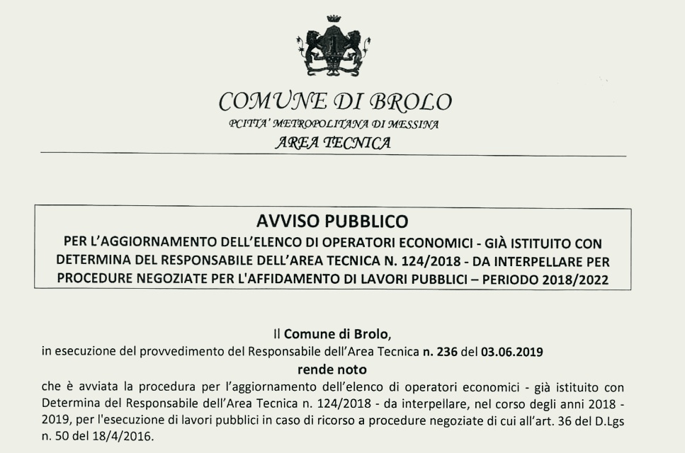 BROLO – L’aggiornamento dell’elenco degli operatori economici