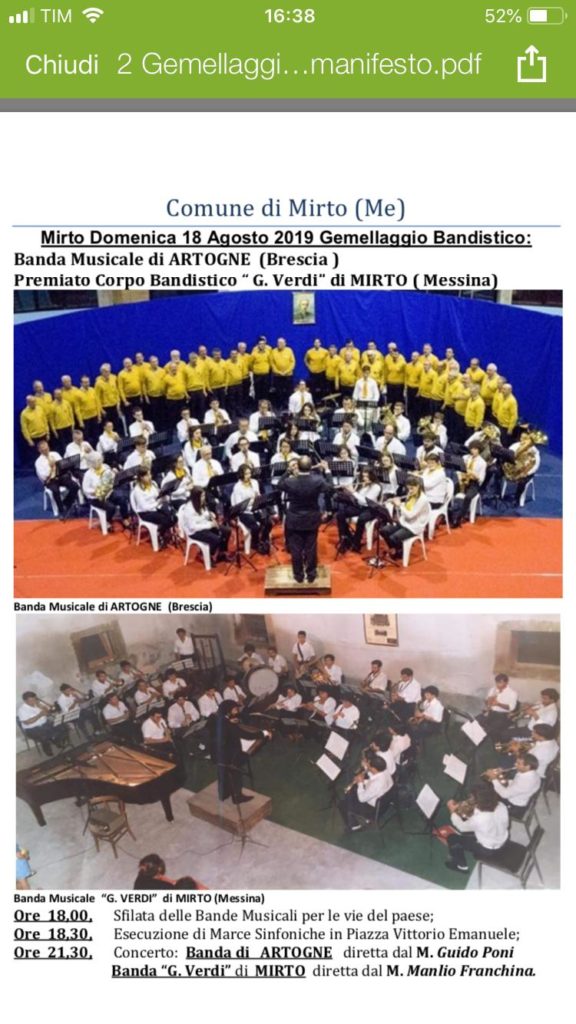MIRTO – Gemellaggio tra le bande, ospite la banda musicale di Artogne