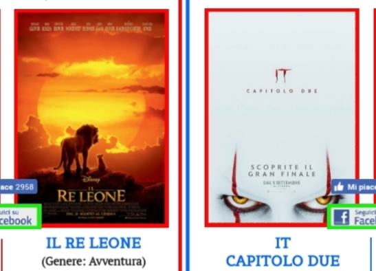 ANDIAMO AL CINEMA … A GLIACA – Continua sino a domani “IL RE LEONE”, e fino al 17 settembre “IT – CAPITOLO DUE”