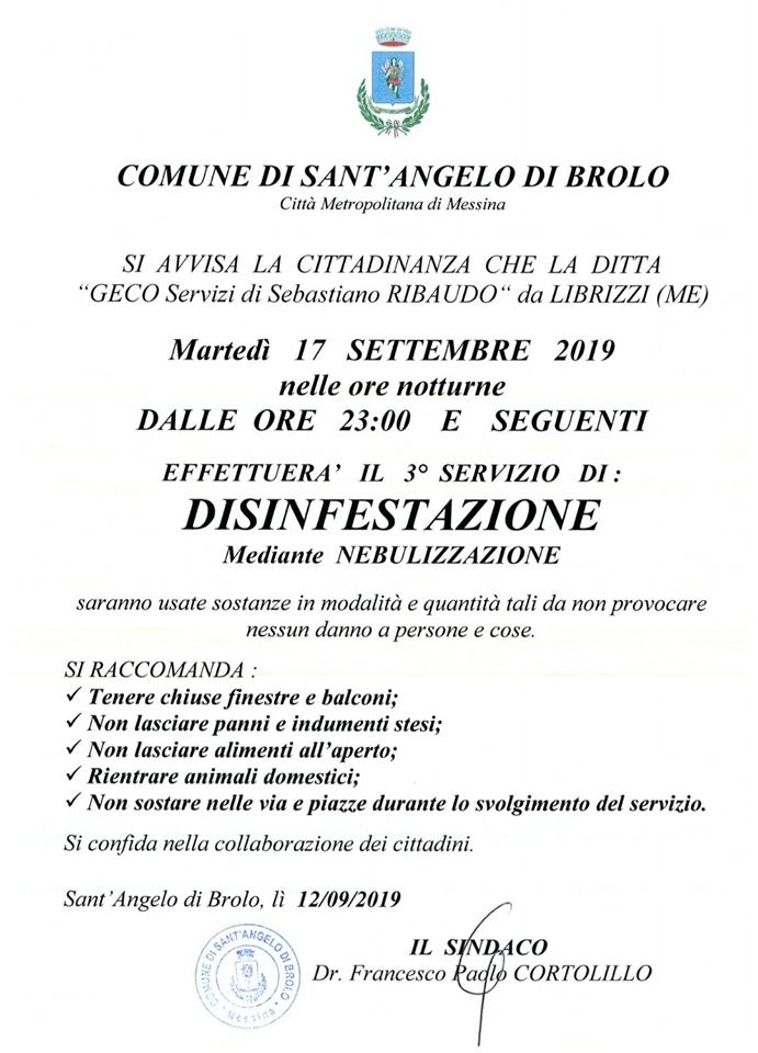 SANT’ANGELO DI BROLO – Martedì 17 interventi di disinfettazione