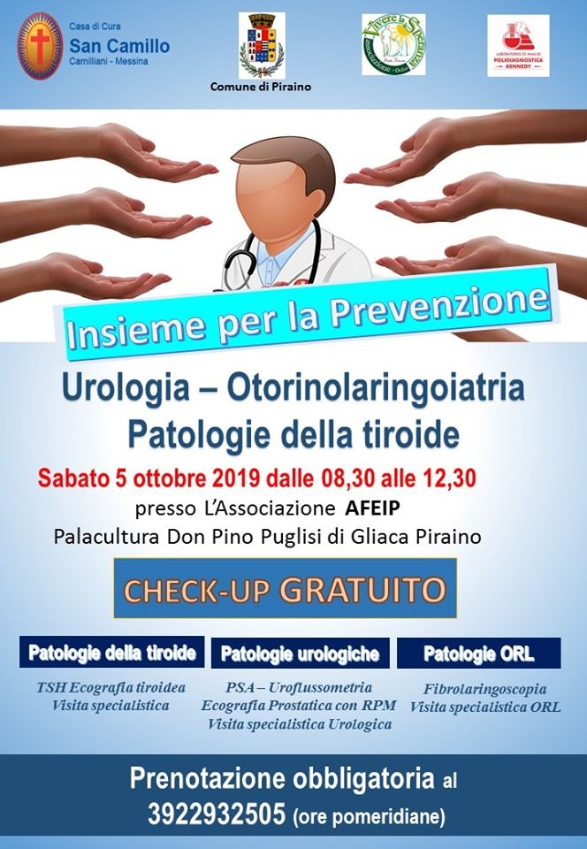 PREVENZIONE – A Gliaca di Piraino giornata dedicata alla prevenzione delle patologie neoplastiche della tiroide, urologiche ed otorinolaringoiatriche