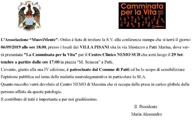 CAMMINATA PER LA VITA – Il 29 settembre a Patti. L’evento sarà presentato venerdì prossimo a Villa Pisani