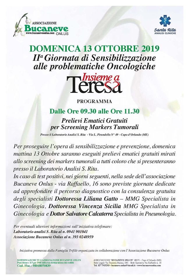 “INSIEME A TERESA” – Seconda giornata di sensibilizzazione alle problematiche oncologiche promossa dal Laboratorio Santa Rita di Capo d’Orlando