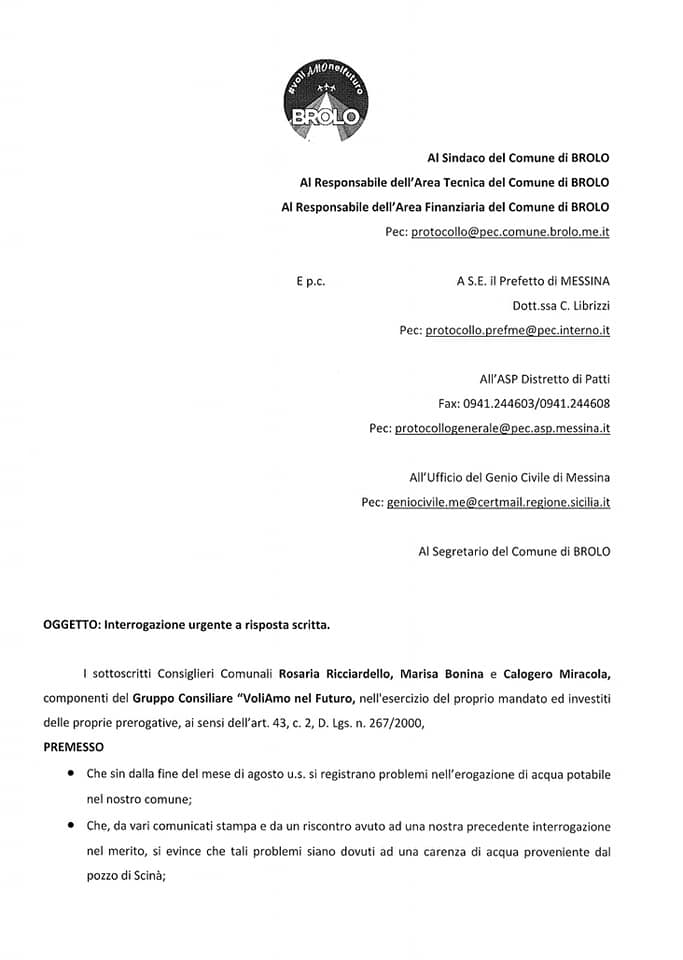 BROLO – L’interrogazione sull’allaccio “volante” di Scinà